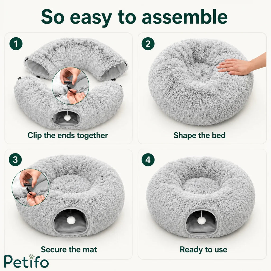 A step-by-step assembly guide illustrating how to connect the ends, shape the bed, secure the mat, and use the donut cat tunnel.