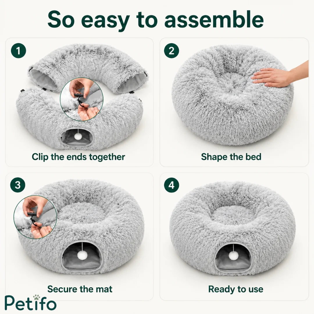 A step-by-step assembly guide illustrating how to connect the ends, shape the bed, secure the mat, and use the donut cat tunnel.