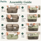 An 8-step assembly guide infographic showing how to set up the automatic pet water fountain and feeder.