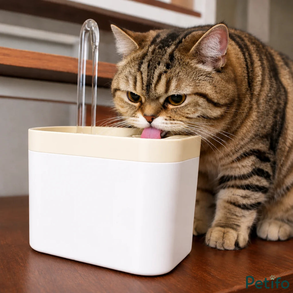 Cute tabby cat drinking fresh flowing water from an automatic fountain
