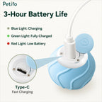 Petifo automatic cat toy featuring a Type-C fast charging port and indicator light guide for 3-hour battery life.