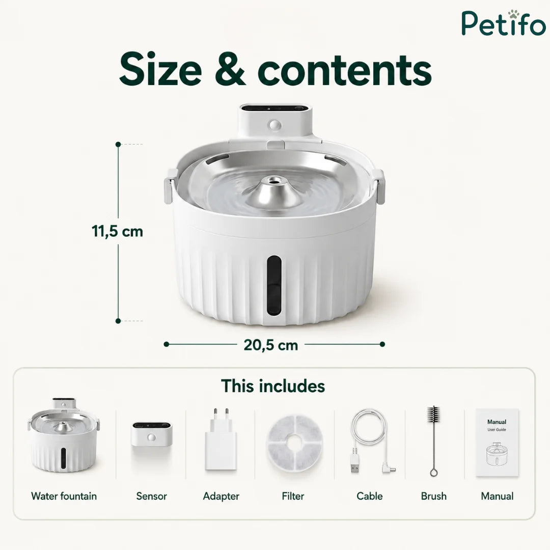 Product size specifications and included contents layout showing dimensions of 20.5cm by 11.5cm for the automatic cat fountain.