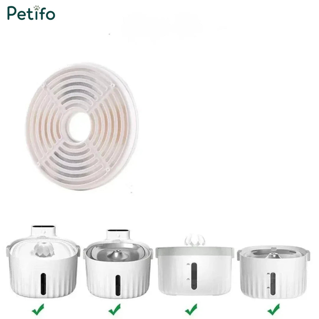 Replacement circular pet water filter displayed above four compatible white automatic water fountain models.