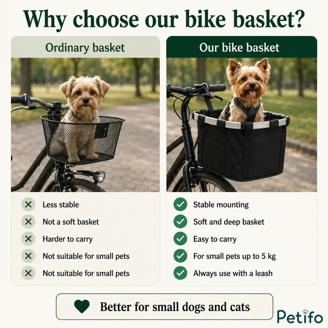 Comparison infographic detailing the advantages of the Petifo bike basket versus an ordinary metal basket for small dogs and cats up to 5 kg.