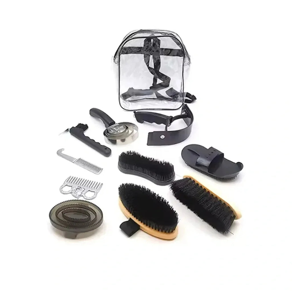 Complete equine grooming kit including various brushes, combs, and a clear backpack organiser.