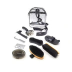 Complete equine grooming kit including various brushes, combs, and a clear backpack organiser.
