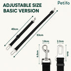 Size chart diagram illustrating dimensions of the basic version adjustable pet car seat belt.