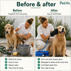 Before-and-after comparison showing the messy traditional method versus the easy and clean glove shower system.
