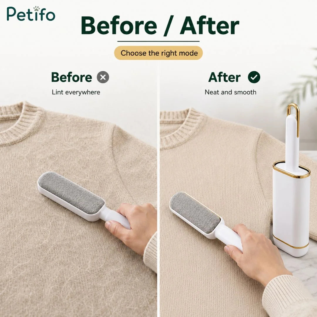 Before-and-after comparison showing a sweater covered in pet hair