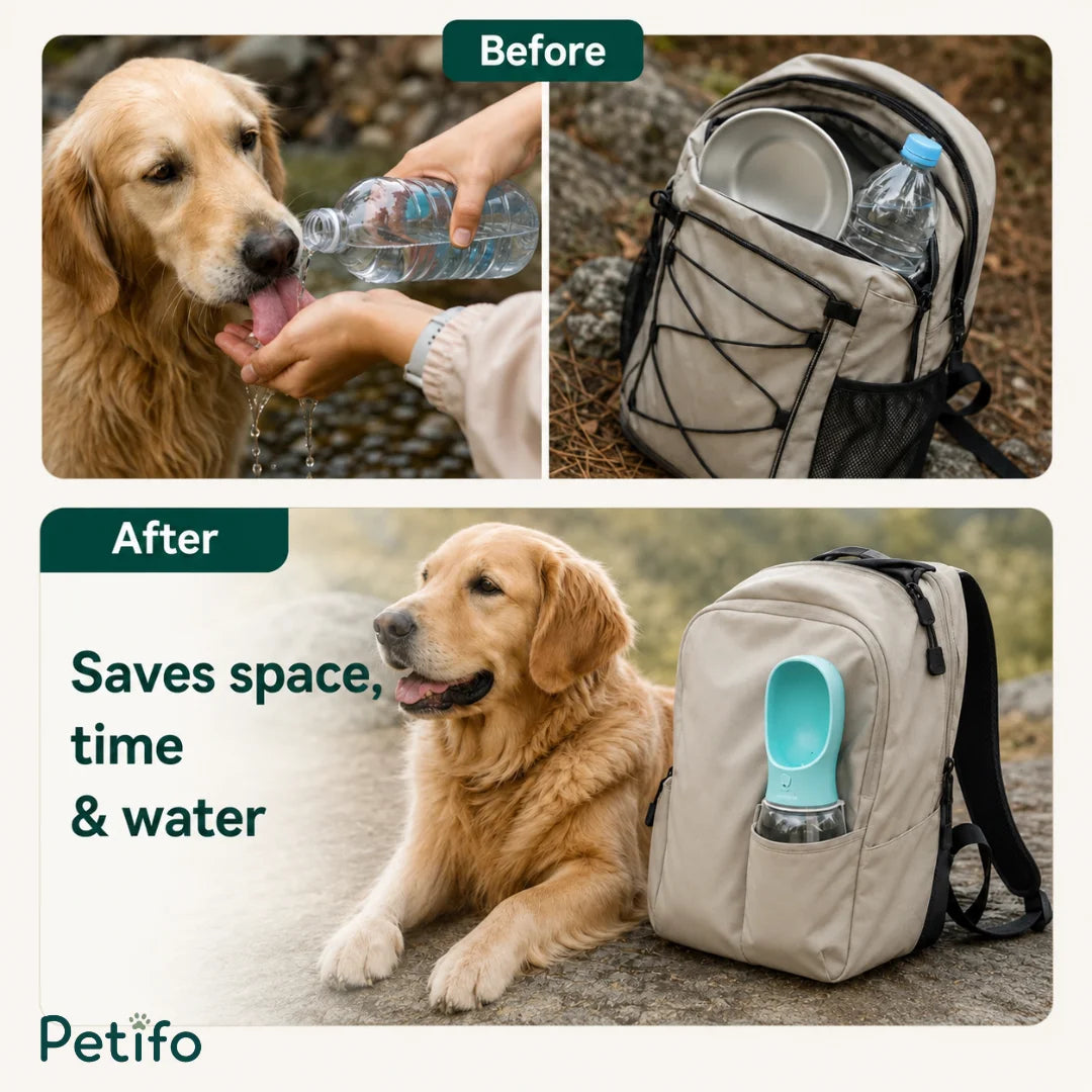 Before-and-after comparison demonstrating how the Petifo bottle saves space in a backpack compared to carrying separate bowls and bottles.