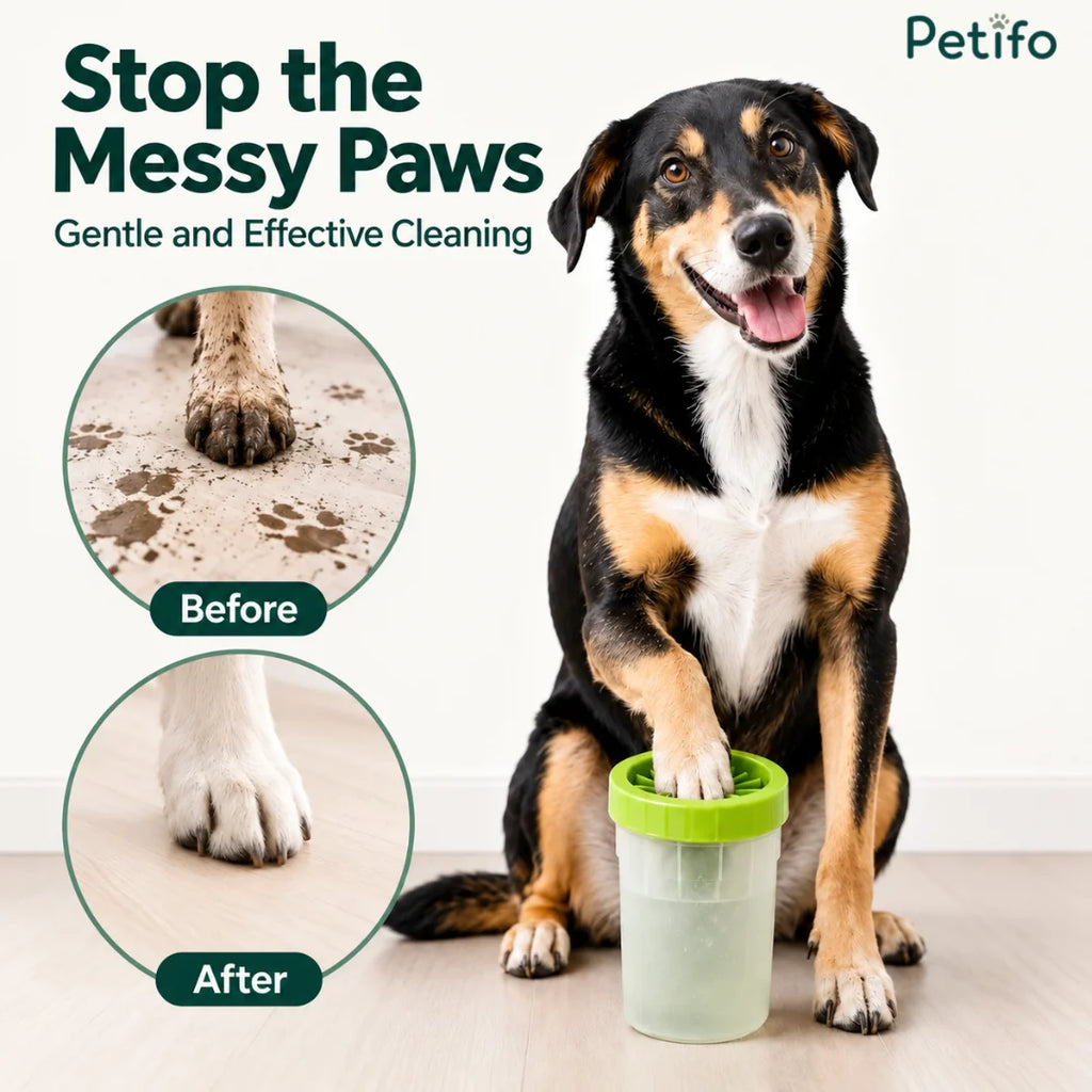 Before and after results of muddy dog paws cleaned effectively using the Petifo paw washer