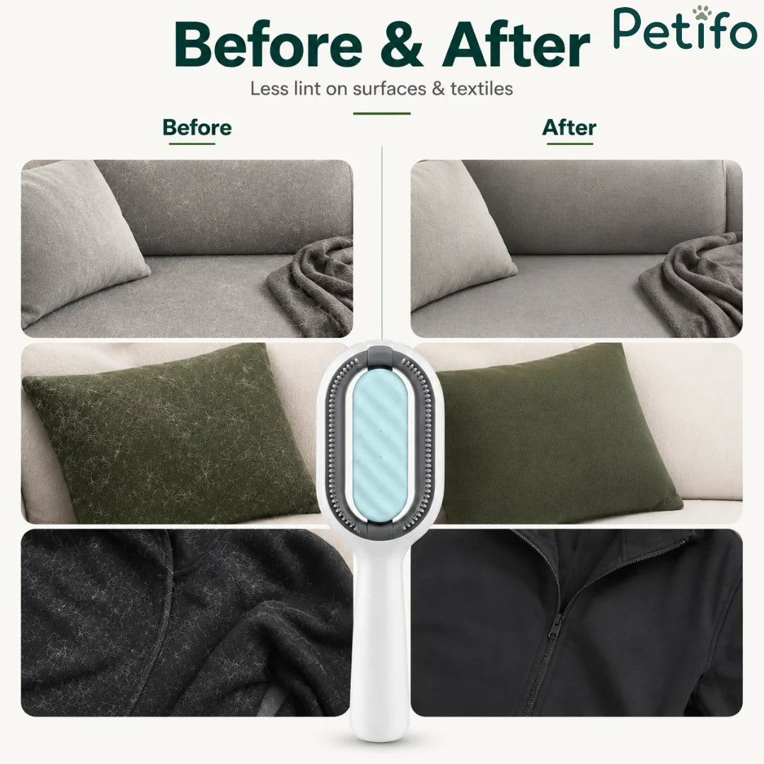 Before and after comparison of pet fur removal on couch, cushion, and black jacket using Petifo brush