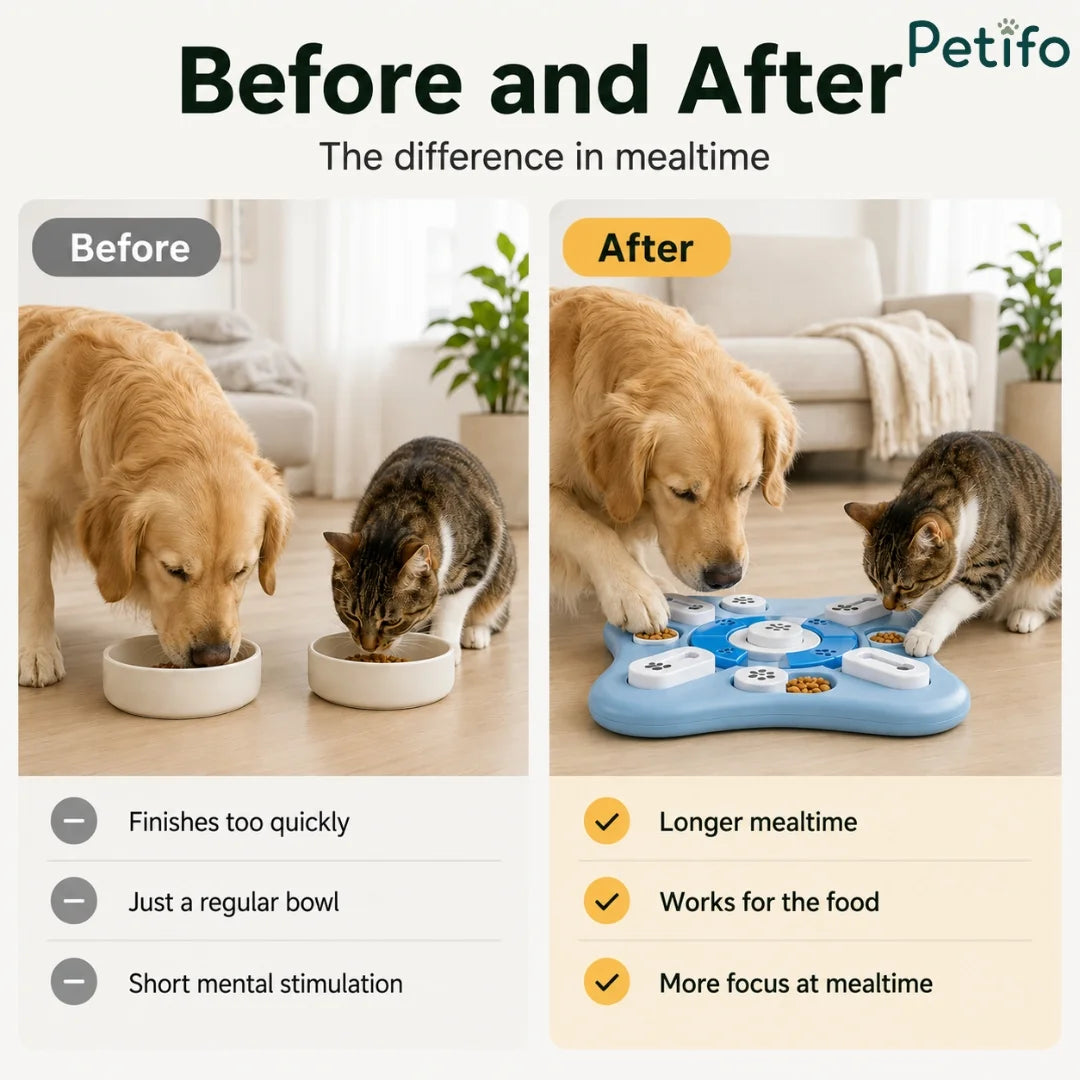 Before and after comparison showing pets eating from regular bowls versus Petifo slow feeder puzzle