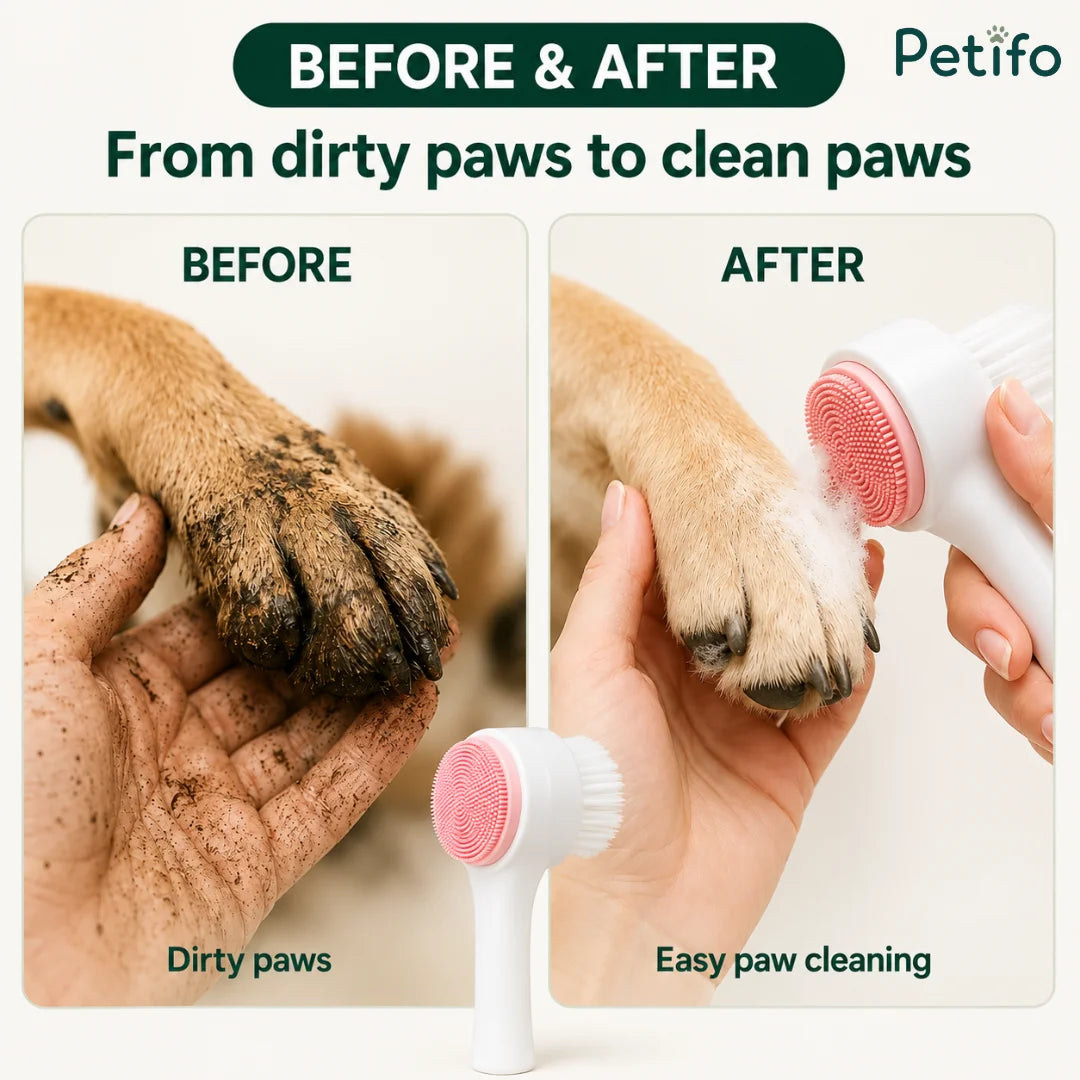 Before and after comparison showing a muddy dog paw transformed into a clean paw using the Petifo 2-in-1 pet brush.