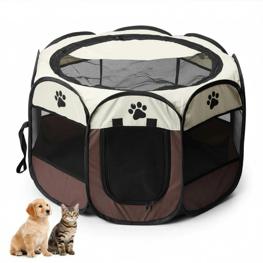Beige and brown Petifo foldable pet playpen accompanied by a cute puppy and kitten on a white background.