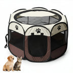 Beige and brown Petifo foldable pet playpen accompanied by a cute puppy and kitten on a white background.