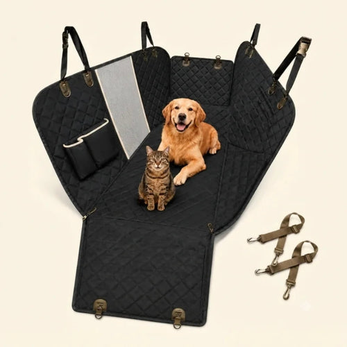 A black quilted car back seat cover with pets inside, featuring side flaps and detachable straps.
