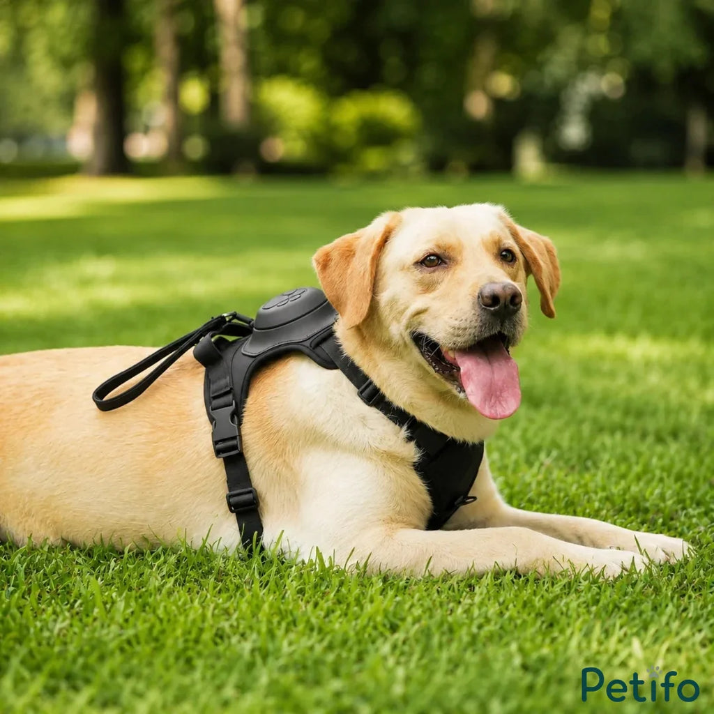 Golden Retriever dog relaxing on green grass while wearing a black padded dog harness with an attached built-in leash.