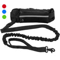 Black hands-free running belt with a bungee dog leash and color options displayed in the corner.