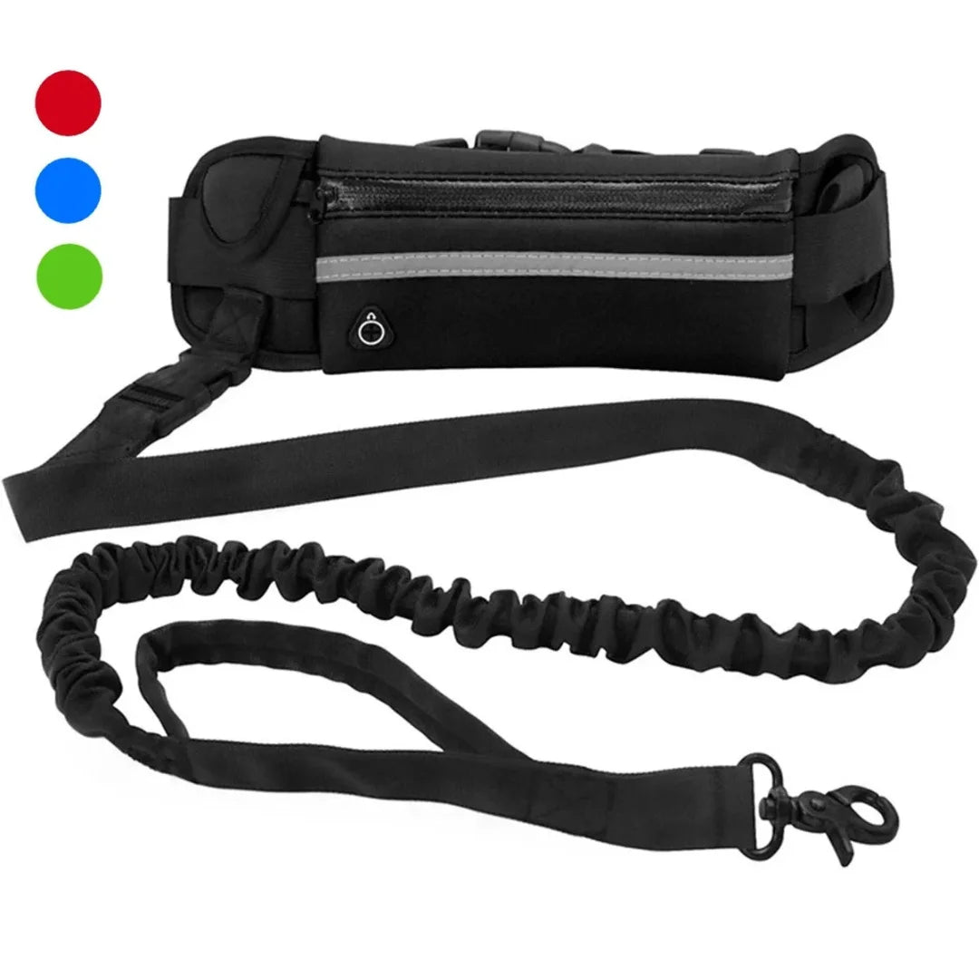 Black hands-free running belt with a bungee dog leash and color options displayed in the corner.