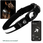 Black illuminated LED dog collar featuring an AirTag mount and smartphone tracking interface display for pet security.