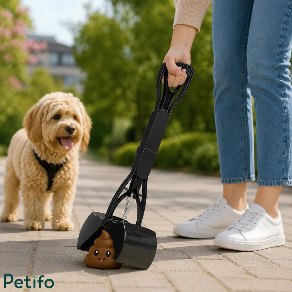 Person using a black dog poop scooper on a paved path with a fluffy dog watching nearby.