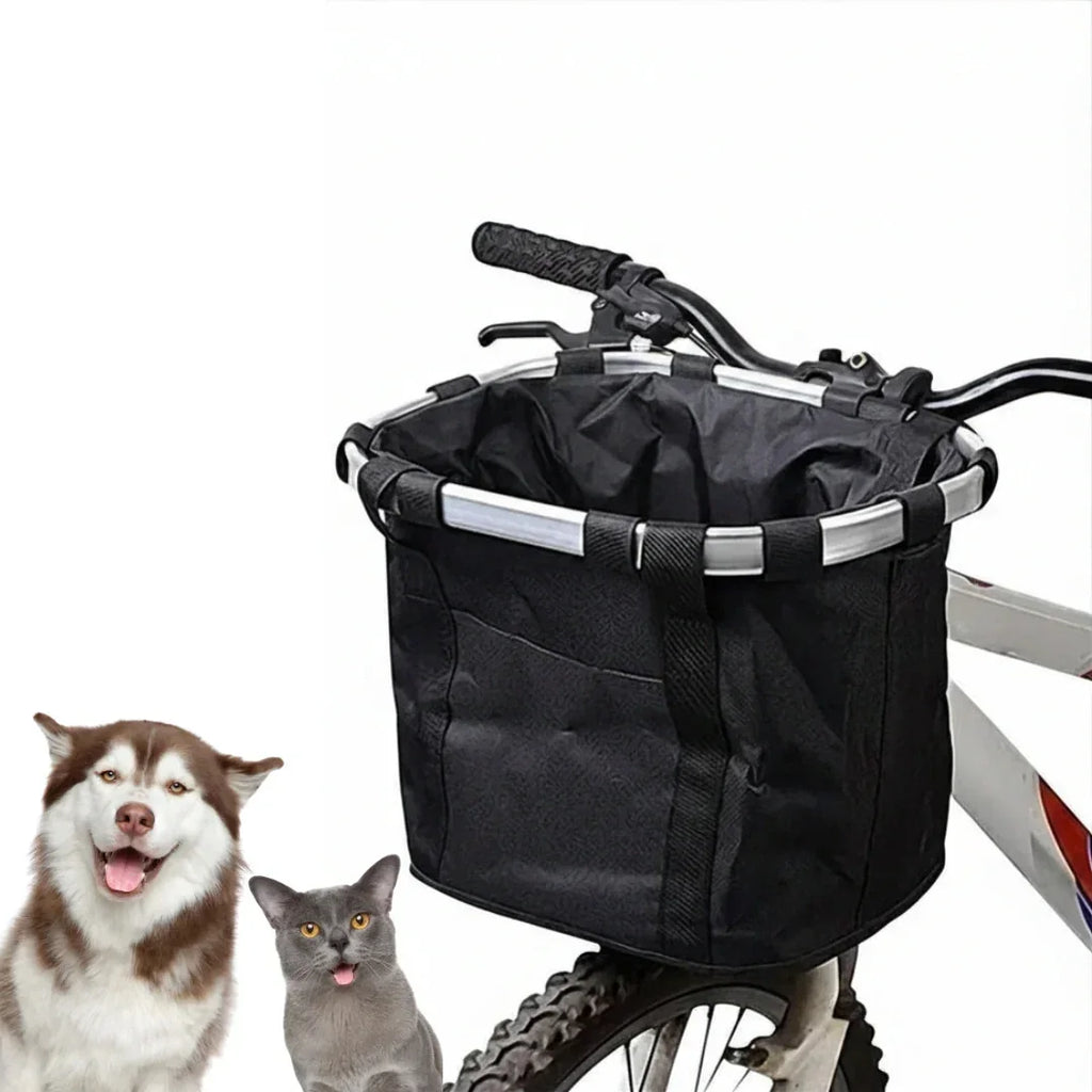 Studio photo of a husky dog and grey cat posing next to the mounted black Petifo bike basket.