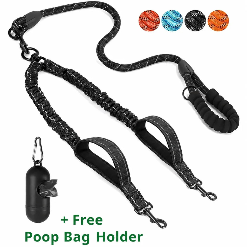 Black dual dog leash with reflective stitching and a free poop bag holder shown in different color options.