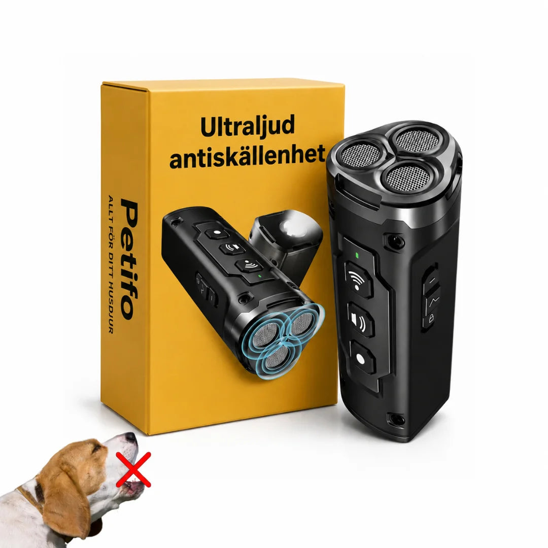 Anti-barking ultrasonic device in a yellow box next to a beagle and device view.
