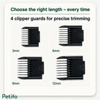Four black clipper guard attachments showing precise cutting lengths from 3mm to 12mm.