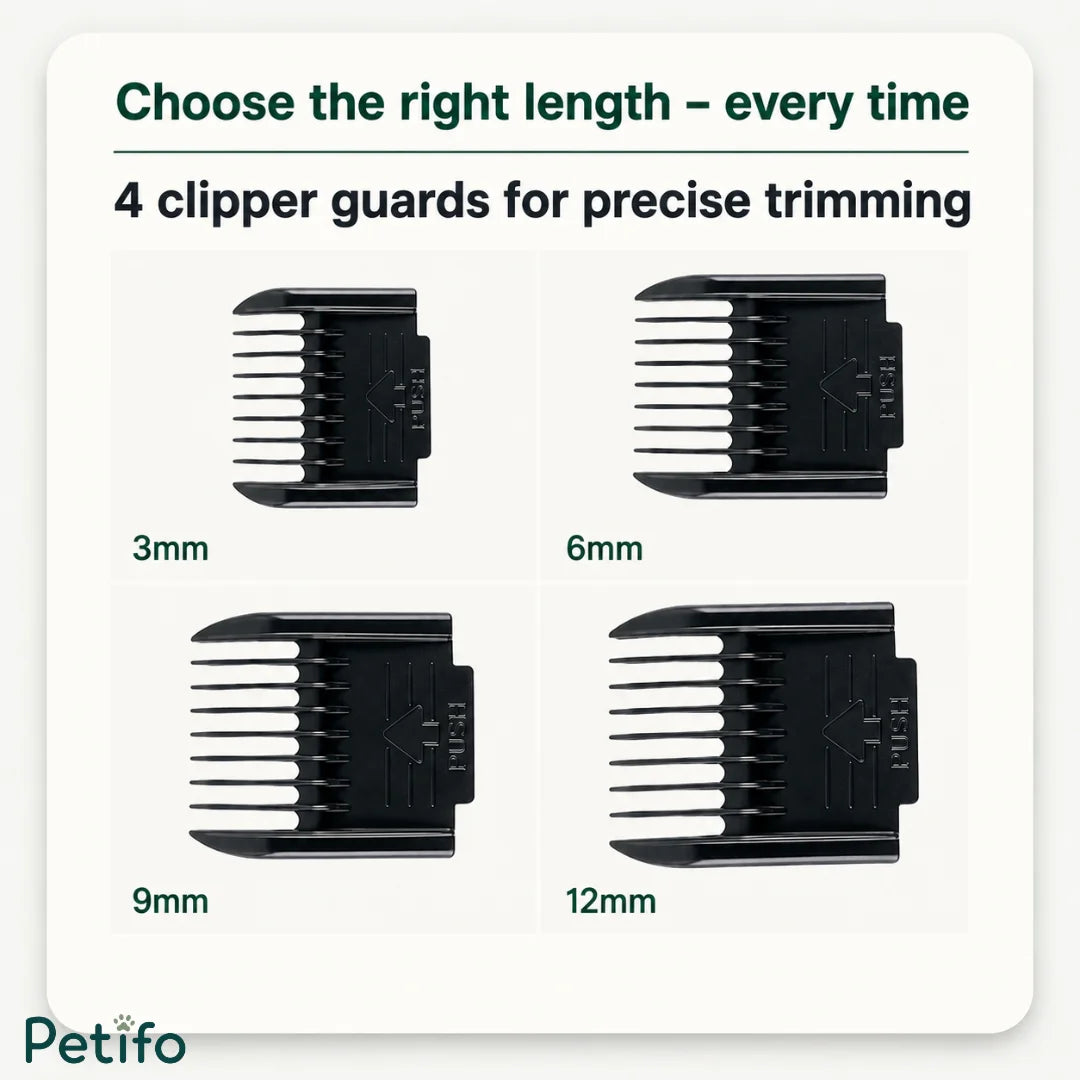 Four black clipper guard attachments showing precise cutting lengths from 3mm to 12mm.
