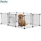 Golden retriever puppy sitting inside a Petifo black wire dog playpen with a front door.