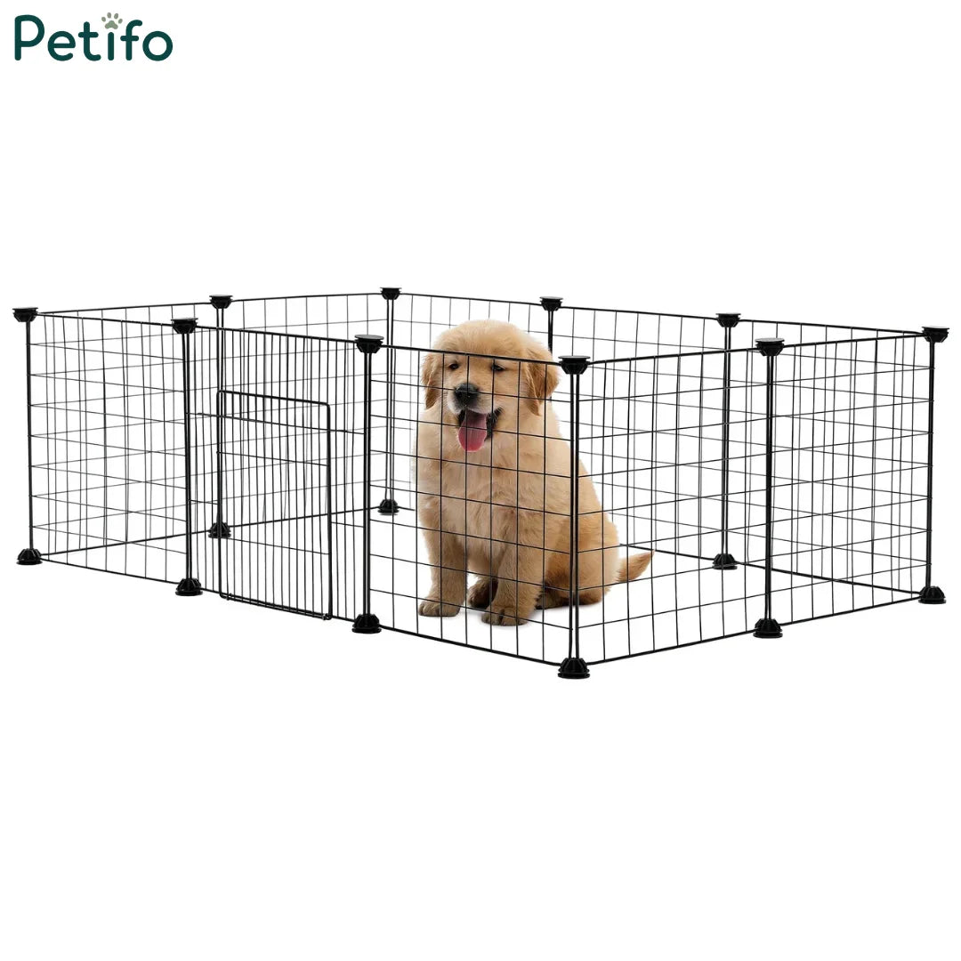 Golden retriever puppy sitting inside a Petifo black wire dog playpen with a front door.
