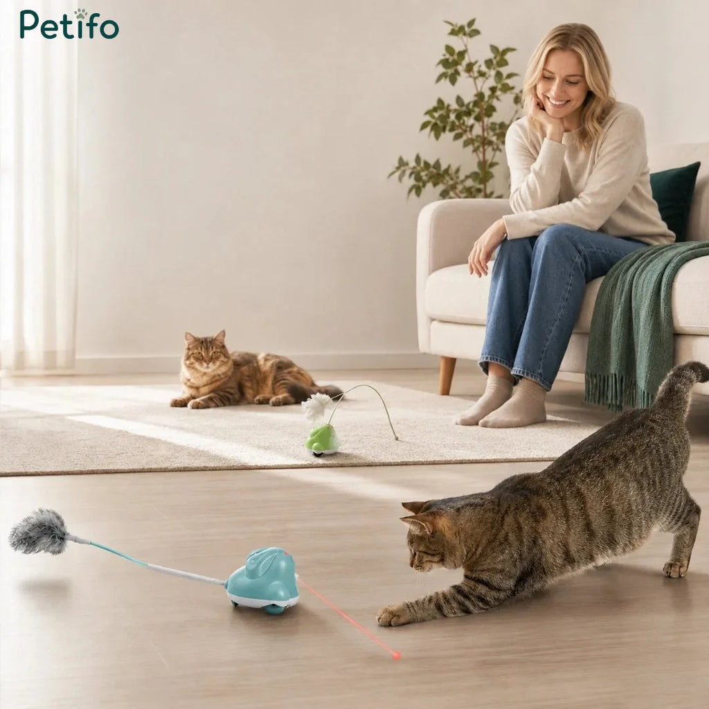 Happy woman on a couch watching two cats play with blue and green Petifo interactive cat toys