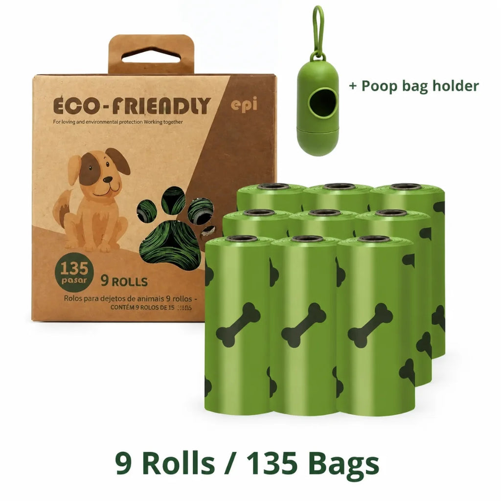 Value pack set including 9 rolls of bone-patterned dog poop bags totaling 135 bags with a green dispenser.