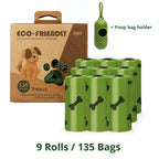 Value pack set including 9 rolls of bone-patterned dog poop bags totaling 135 bags with a green dispenser.