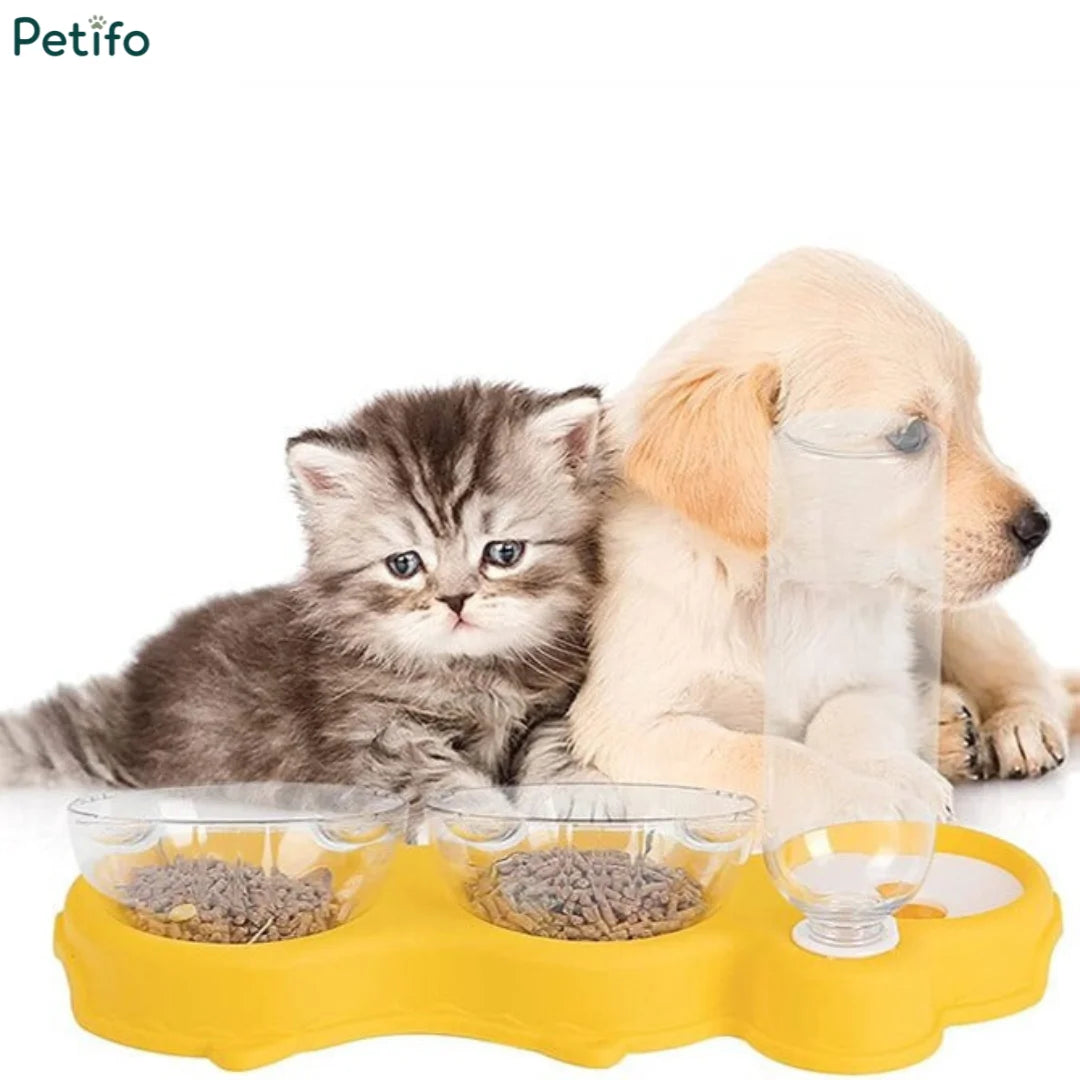 Fluffy kitten and golden puppy eating from a yellow Petifo automatic double pet bowl station.