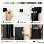 Step-by-step installation guide illustrating how to mount the retractable safety gate with brackets and screws.