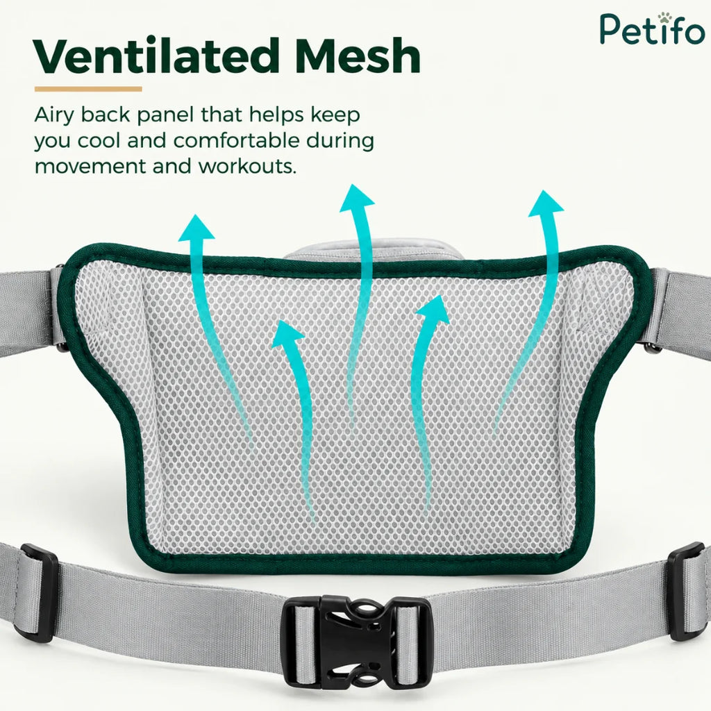 Breathable and airy ventilated mesh back panel of the running waist belt designed for cooling comfort.