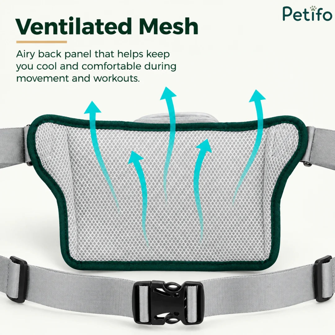 Breathable and airy ventilated mesh back panel of the running waist belt designed for cooling comfort.