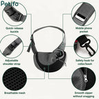 Features breakdown diagram highlighting adjustable straps, breathable mesh, and safety pockets of the pet carrier.
