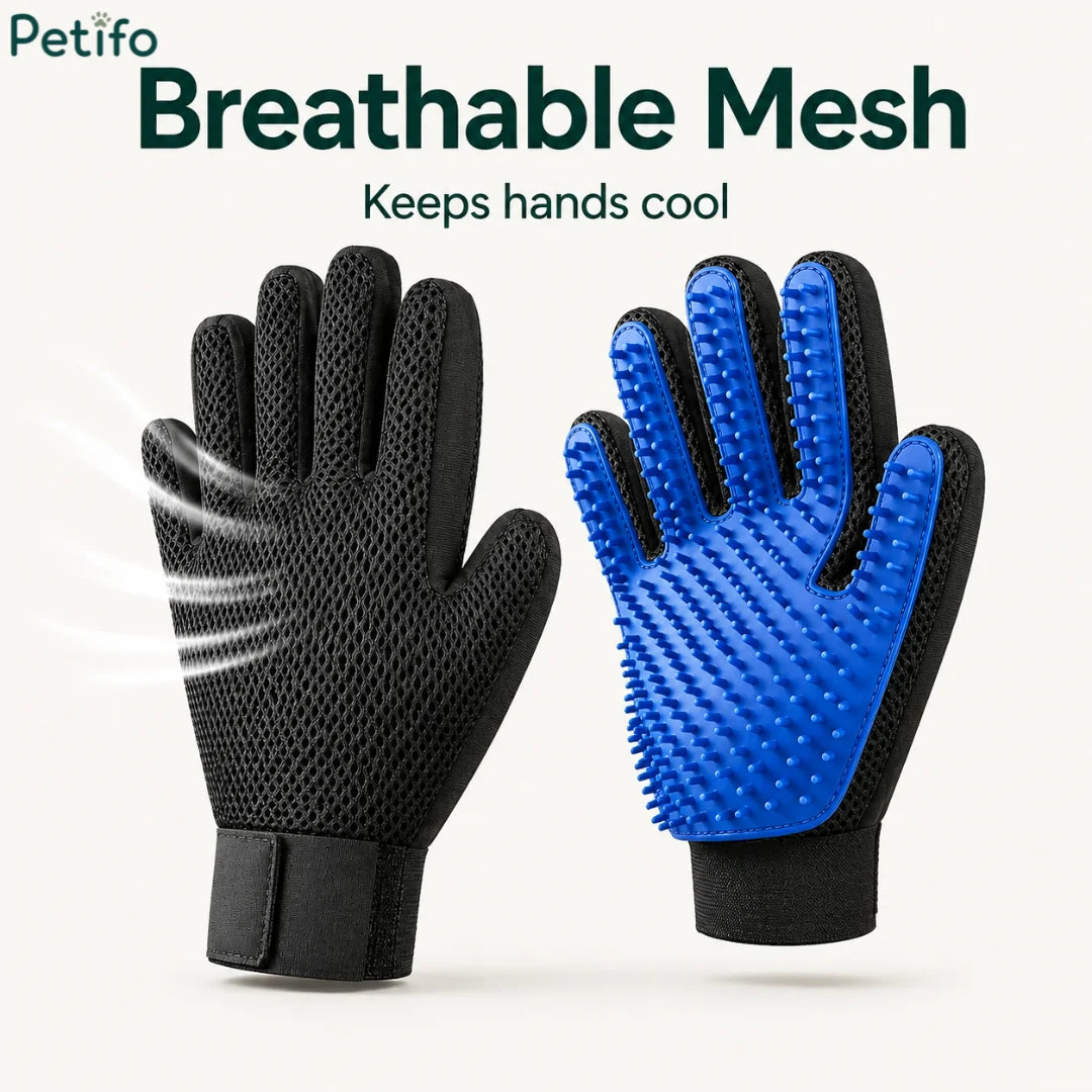 Product feature graphic showcasing the breathable mesh back of the Petifo pet grooming glove designed to keep hands cool.Product feature graphic showcasing the breathable mesh back of the Petifo pet grooming glove designed to keep hands cool.
