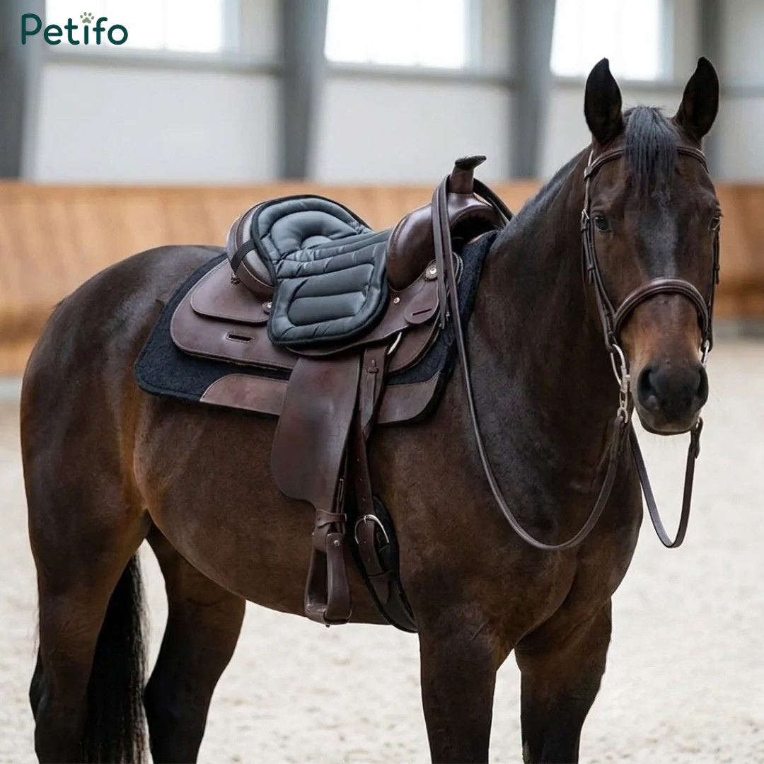 Black padded horse saddle cushion fitted securely on a brown horse in an indoor arena.