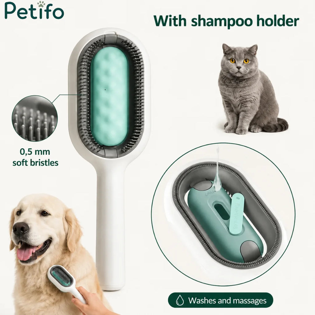 Petifo 2-in-1 grooming brush with built-in liquid shampoo holder and 0.5 mm soft bristles for cats and dogs