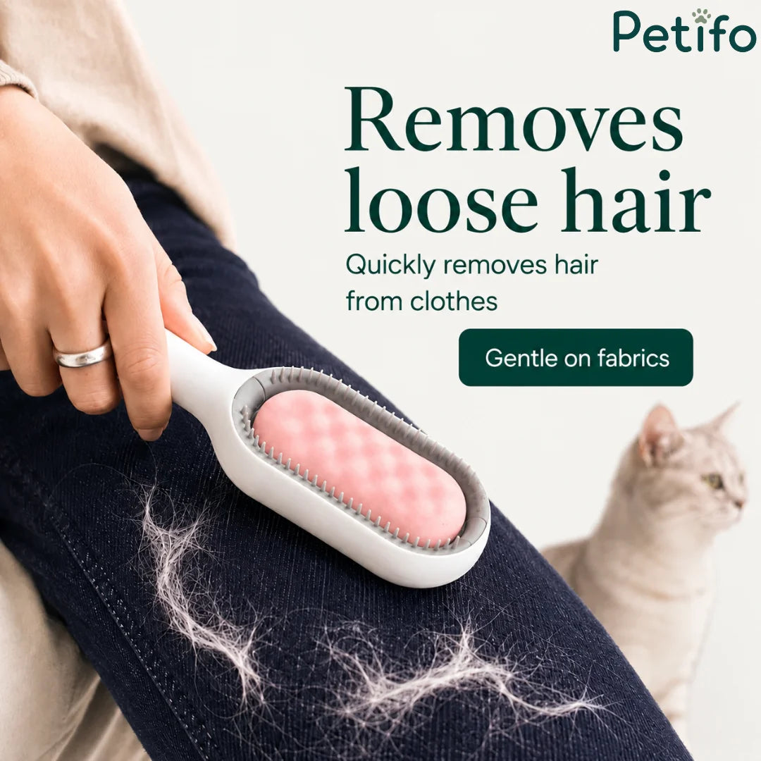 Person using Petifo brush to remove loose cat hair from dark denim jeans
