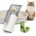 Innovative cat litter scoop with built-in bag storage beside a fluffy cat and refill rolls.Petifo innovative cat litter scoop with built-in bag storage beside a fluffy cat and refill rolls.