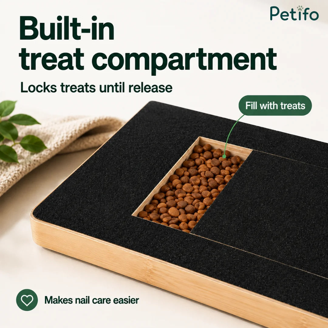 Close-up view of the built-in treat compartment filled with brown kibble pieces.