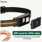 Open GPS collar showing the SIM card slot alongside a hand holding a SIM card.
