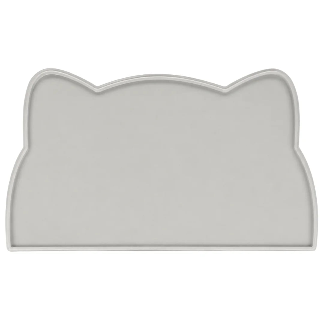 Top-down view of the cat-shaped gray pet silicone dining mat with a raised outer edge.