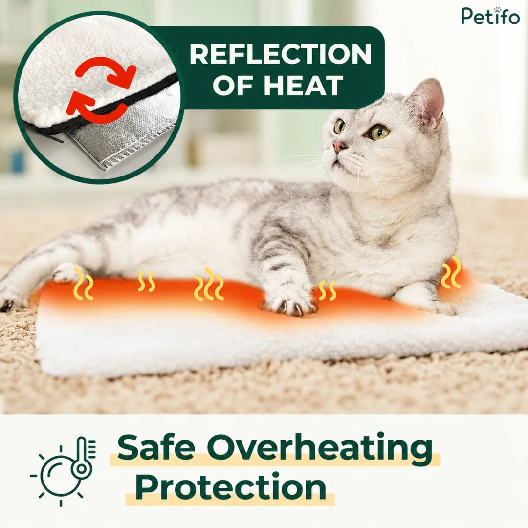 A light grey tabby cat lying comfortably on a self-warming pet mat, with a circular inset highlighting the internal silver reflective heat layer and red cyclical arrows.